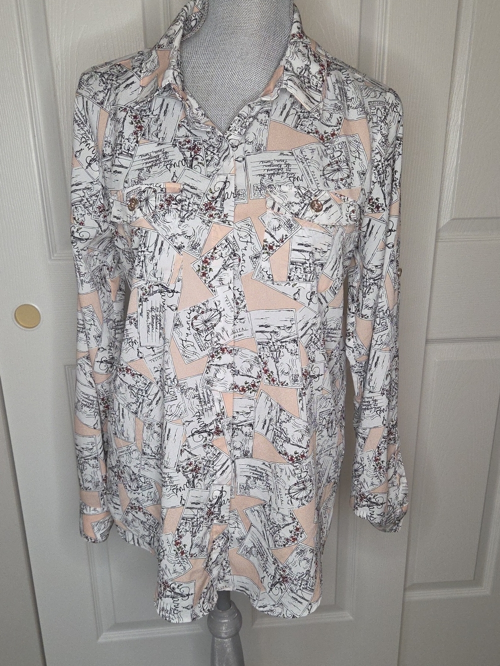 Karl Lagerfeld Pale Peach and White Travel Theme Print Button-Down Shirt Size M